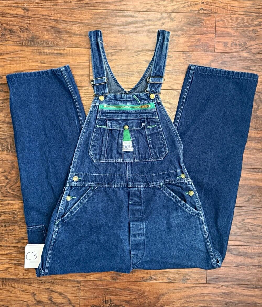 Vintage Liberty Denim Bib Overalls 30x28 Green Zipper USA Workwear 90s